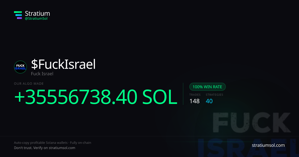 FuckIsrael copy trading performance on Stratium — 148 trades, 100% win rate, +35556738.40 SOL PnL