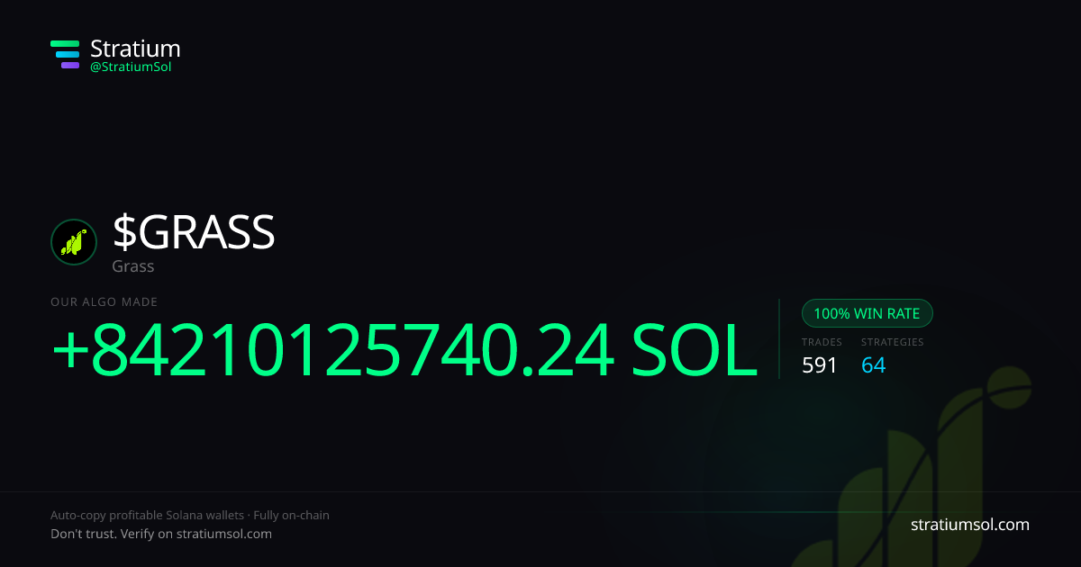 GRASS copy trading performance on Stratium — 591 trades, 100% win rate, +84210125740.24 SOL PnL