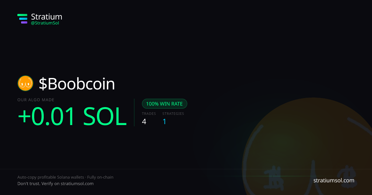 Boobcoin copy trading performance on Stratium — 4 trades, 100% win rate, +0.01 SOL PnL