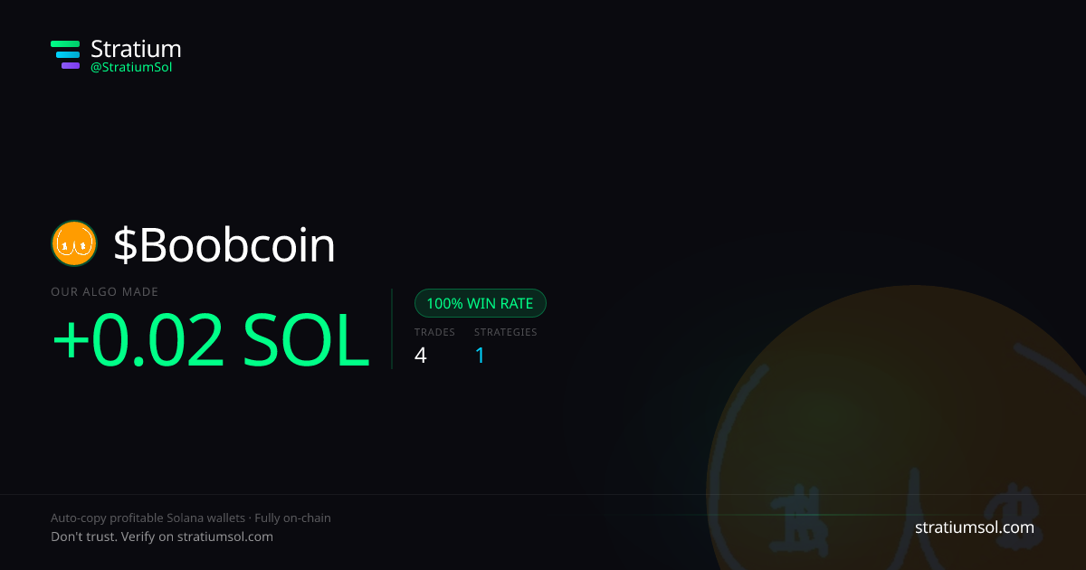 Boobcoin copy trading performance on Stratium — 4 trades, 100% win rate, +0.02 SOL PnL