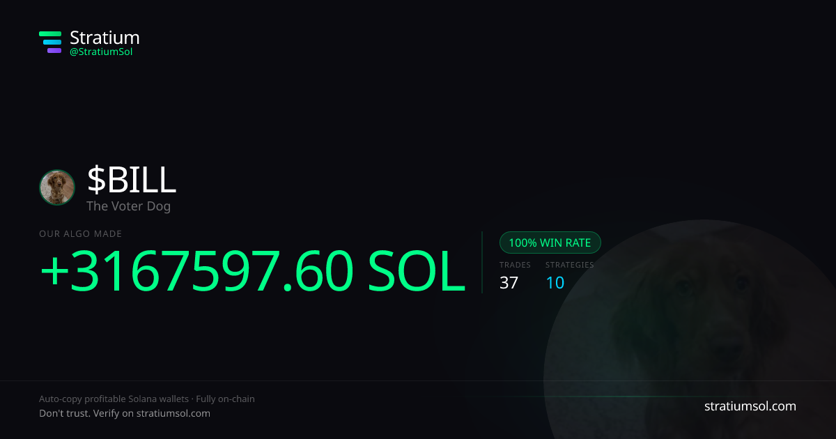 BILL copy trading performance on Stratium — 37 trades, 100% win rate, +3167597.60 SOL PnL