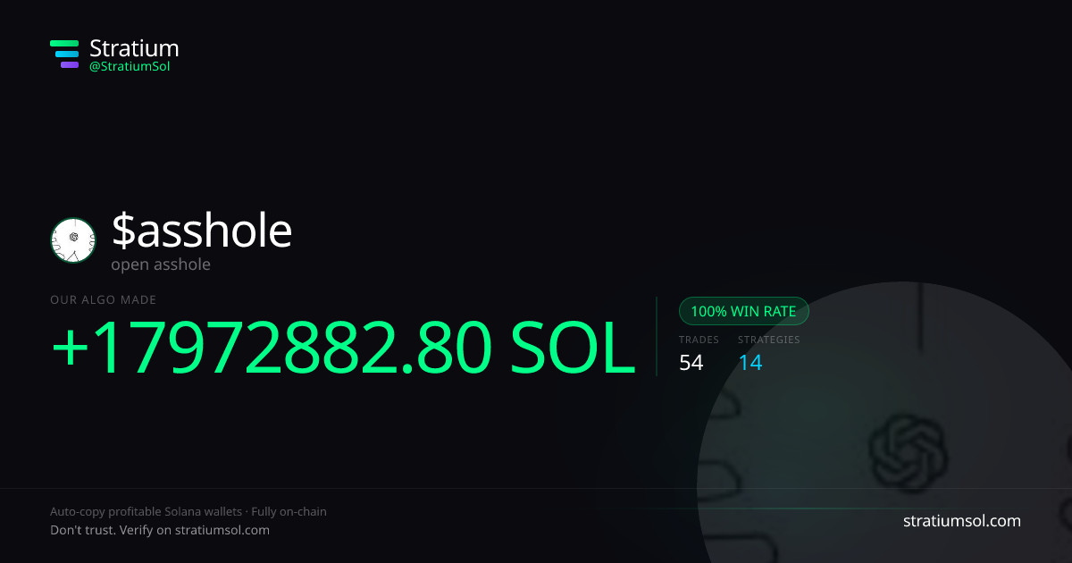 asshole copy trading performance on Stratium — 54 trades, 100% win rate, +17972882.80 SOL PnL