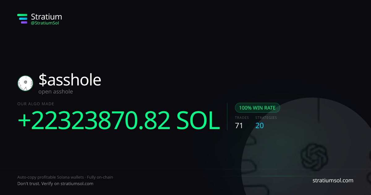 asshole copy trading performance on Stratium — 71 trades, 100% win rate, +22323870.82 SOL PnL