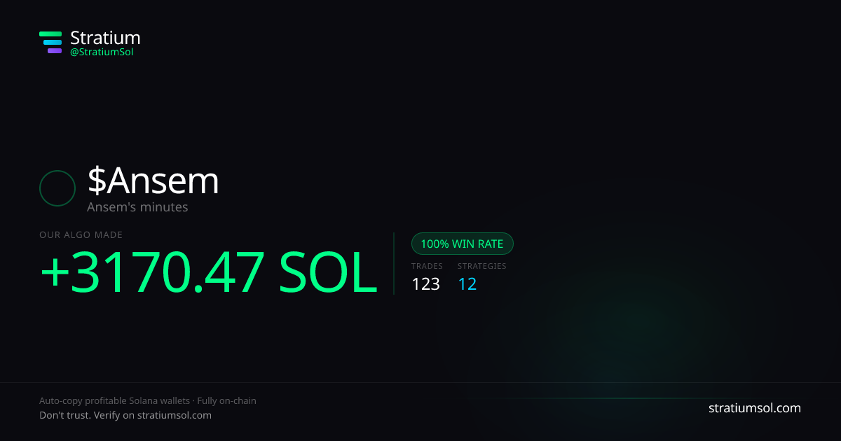Ansem copy trading performance on Stratium — 123 trades, 100% win rate, +3170.47 SOL PnL