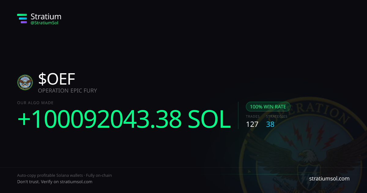 OEF copy trading performance on Stratium — 127 trades, 100% win rate, +100092043.38 SOL PnL