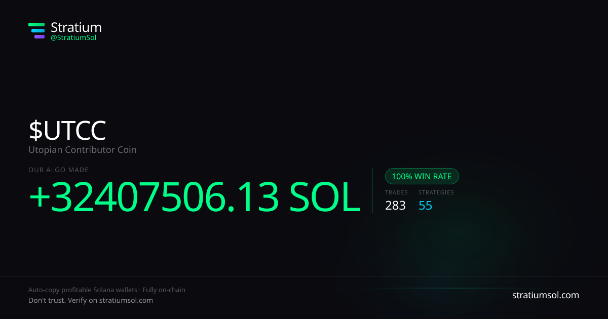 UTCC copy trading performance on Stratium — 283 trades, 100% win rate, +32407506.13 SOL PnL