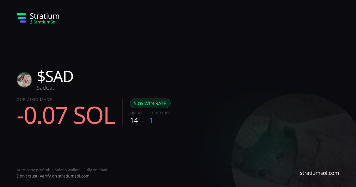 SAD copy trading performance on Stratium — 14 trades, 50% win rate, -0.07 SOL PnL