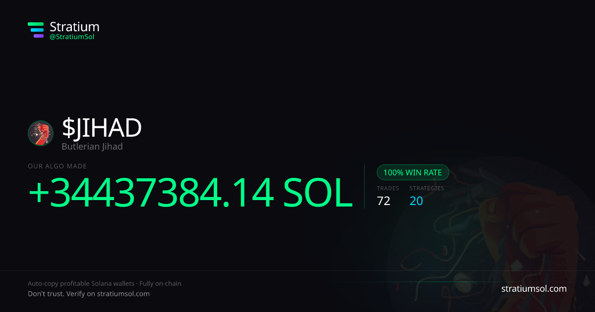 JIHAD copy trading performance on Stratium — 72 trades, 100% win rate, +34437384.14 SOL PnL