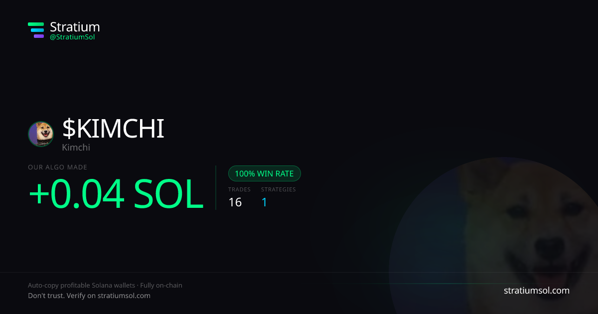KIMCHI copy trading performance on Stratium — 16 trades, 100% win rate, +0.04 SOL PnL