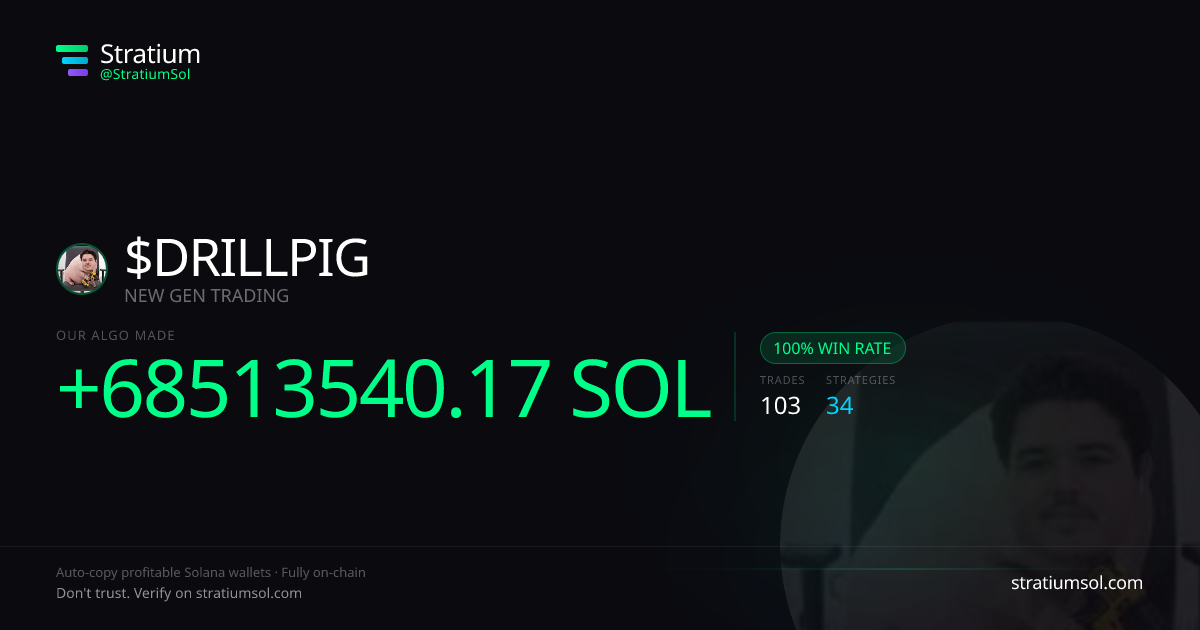 DRILLPIG copy trading performance on Stratium — 103 trades, 100% win rate, +68513540.17 SOL PnL