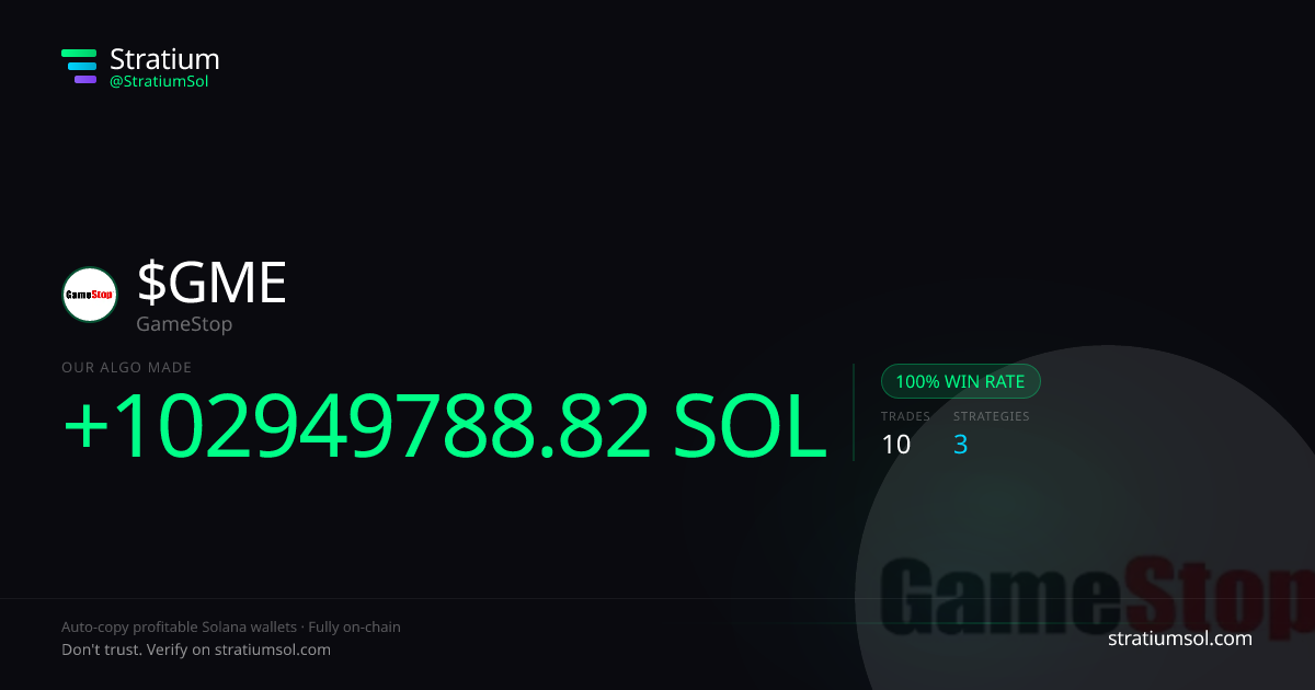 GME copy trading performance on Stratium — 10 trades, 100% win rate, +102949788.82 SOL PnL