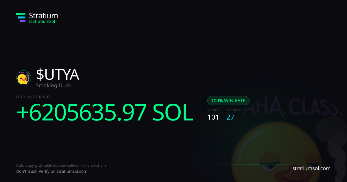 UTYA copy trading performance on Stratium — 101 trades, 100% win rate, +6205635.97 SOL PnL