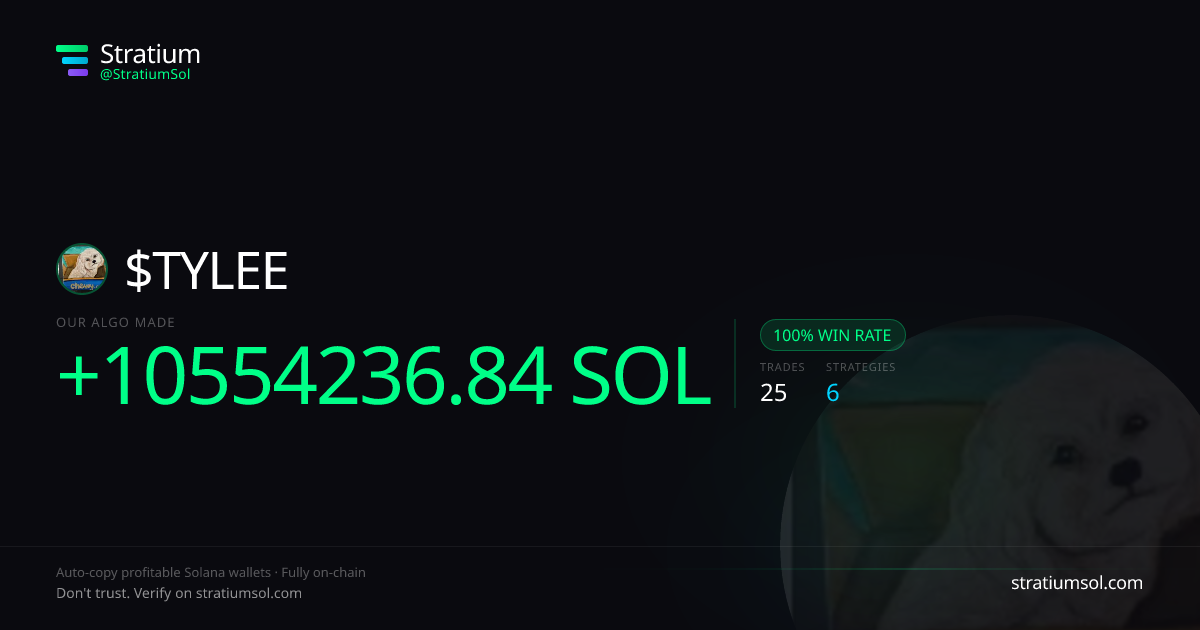 TYLEE copy trading performance on Stratium — 25 trades, 100% win rate, +10554236.84 SOL PnL
