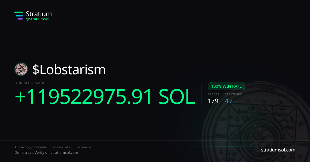 Lobstarism copy trading performance on Stratium — 179 trades, 100% win rate, +119522975.91 SOL PnL