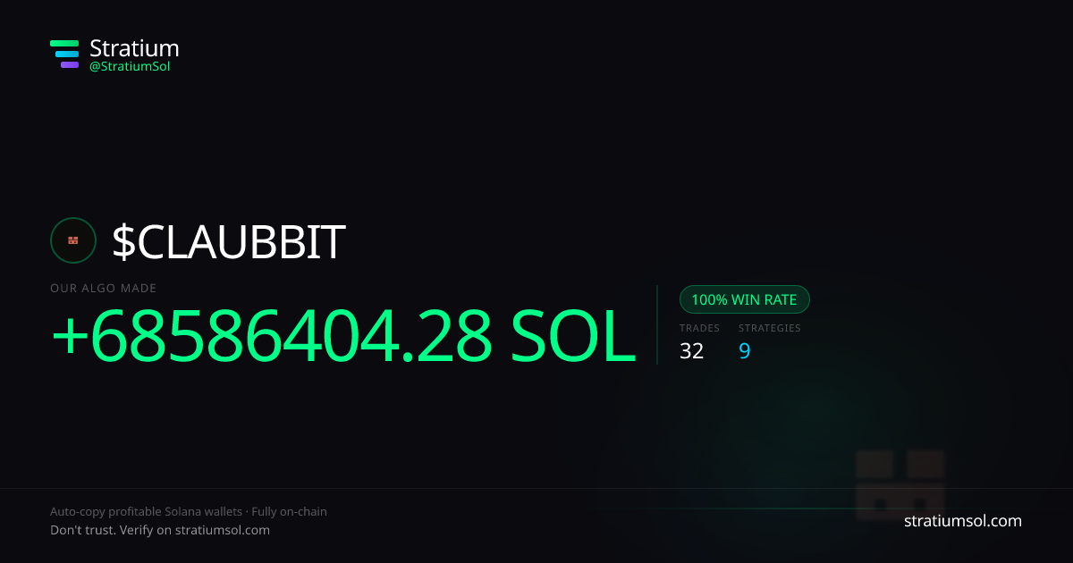 CLAUBBIT copy trading performance on Stratium — 32 trades, 100% win rate, +68586404.28 SOL PnL
