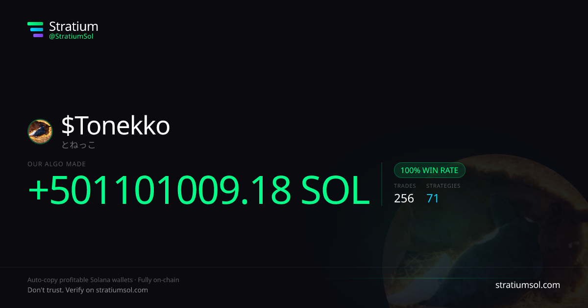 Tonekko copy trading performance on Stratium — 256 trades, 100% win rate, +501101009.18 SOL PnL