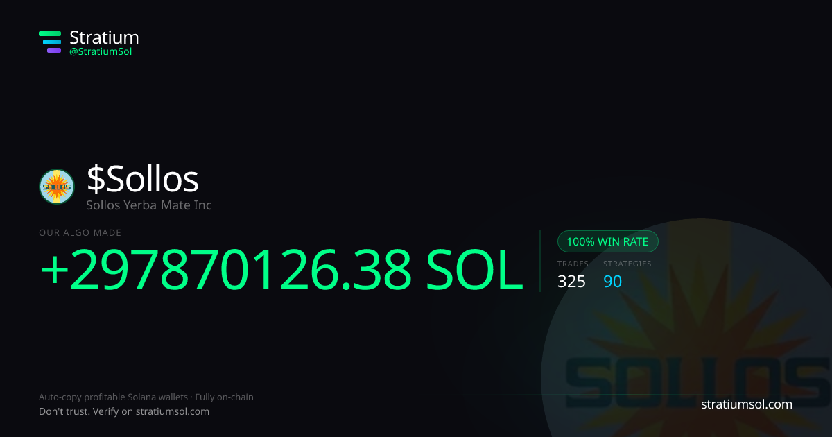 Sollos copy trading performance on Stratium — 325 trades, 100% win rate, +297870126.38 SOL PnL