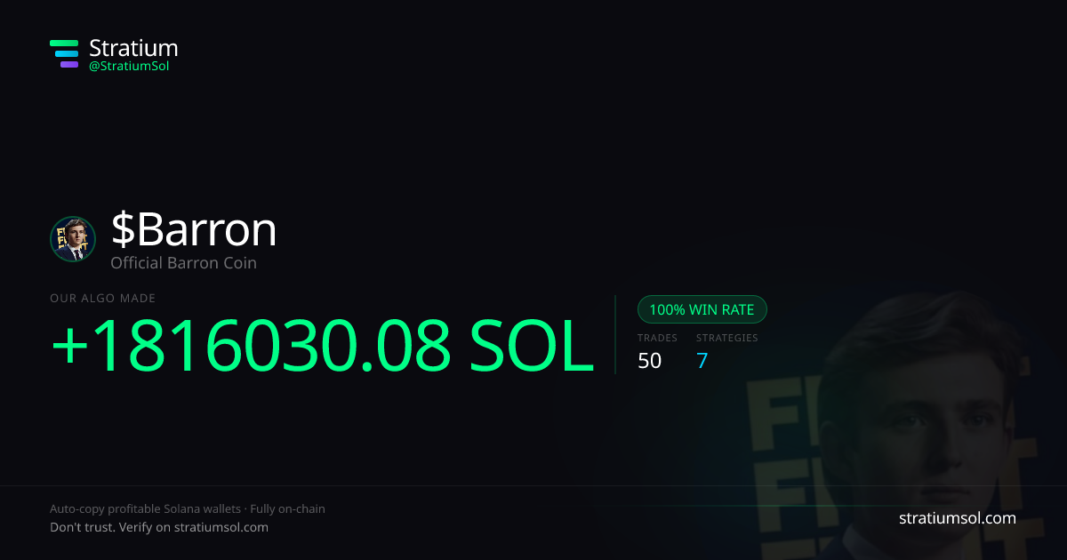 Barron copy trading performance on Stratium — 50 trades, 100% win rate, +1816030.08 SOL PnL