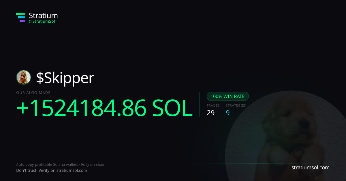 Skipper copy trading performance on Stratium — 29 trades, 100% win rate, +1524184.86 SOL PnL