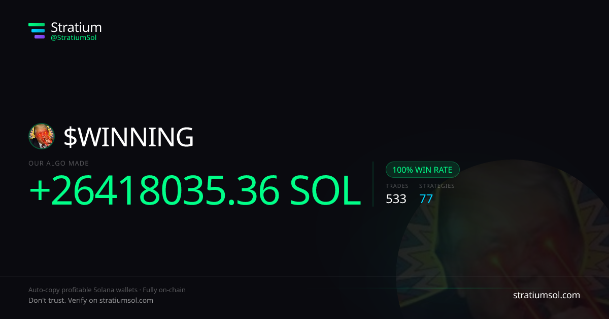 WINNING copy trading performance on Stratium — 533 trades, 100% win rate, +26418035.36 SOL PnL