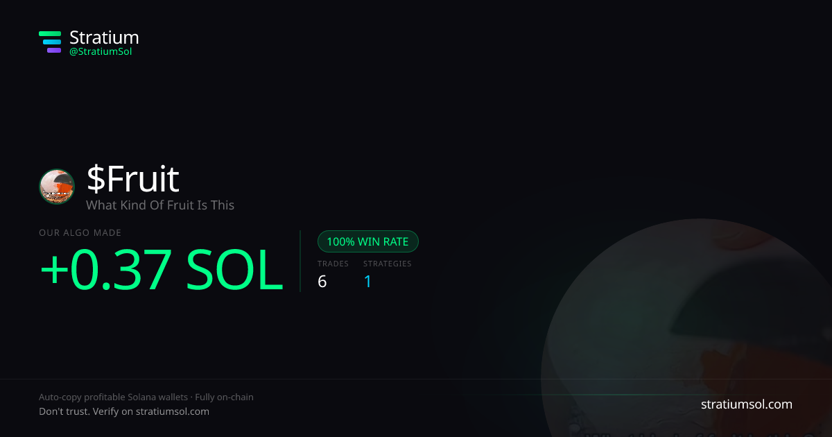 Fruit copy trading performance on Stratium — 6 trades, 100% win rate, +0.37 SOL PnL