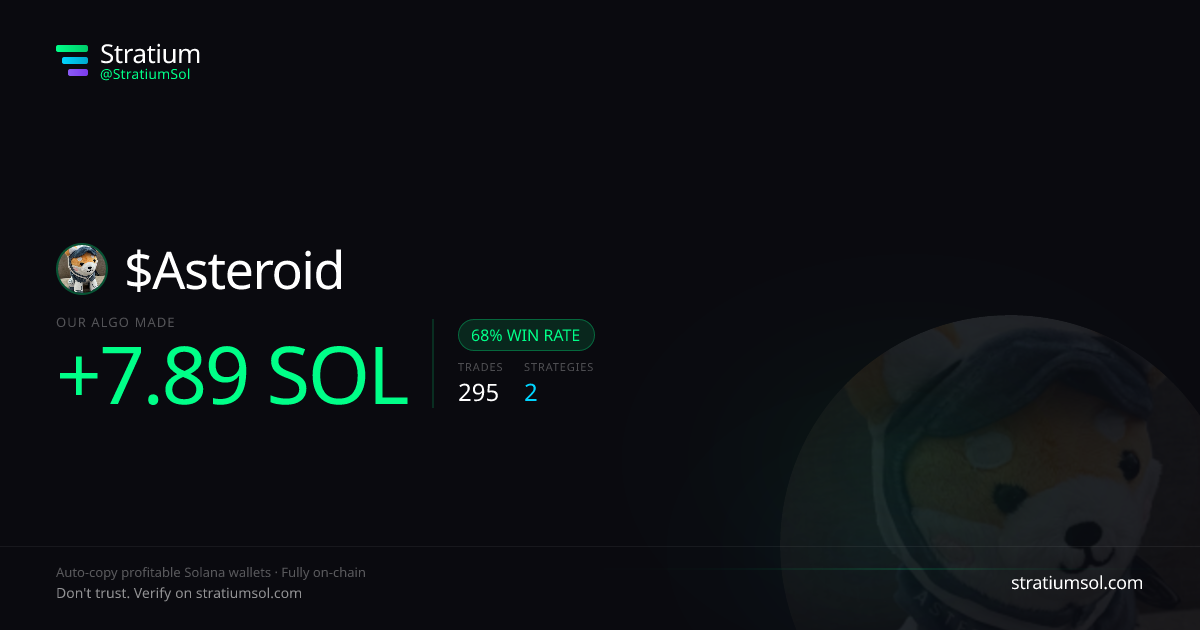 Asteroid copy trading performance on Stratium — 295 trades, 68% win rate, +7.89 SOL PnL