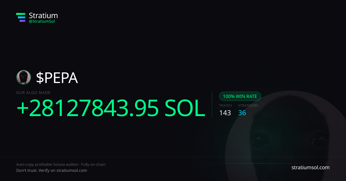 PEPA copy trading performance on Stratium — 143 trades, 100% win rate, +28127843.95 SOL PnL