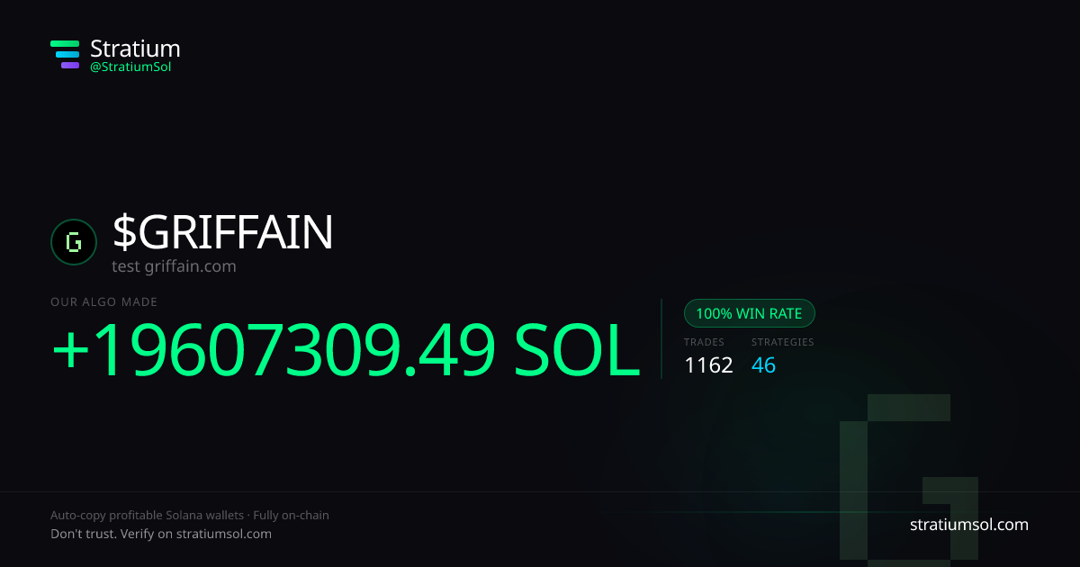 GRIFFAIN copy trading performance on Stratium — 1162 trades, 100% win rate, +19607309.49 SOL PnL