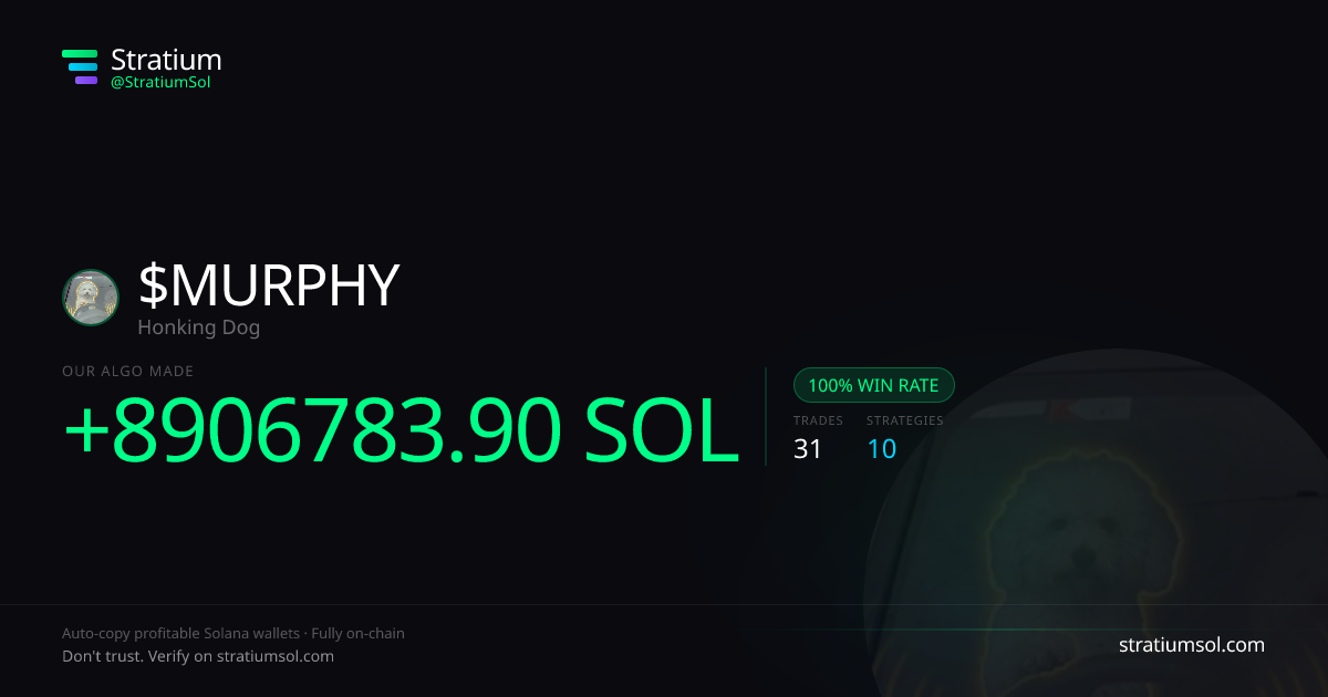 MURPHY copy trading performance on Stratium — 31 trades, 100% win rate, +8906783.90 SOL PnL