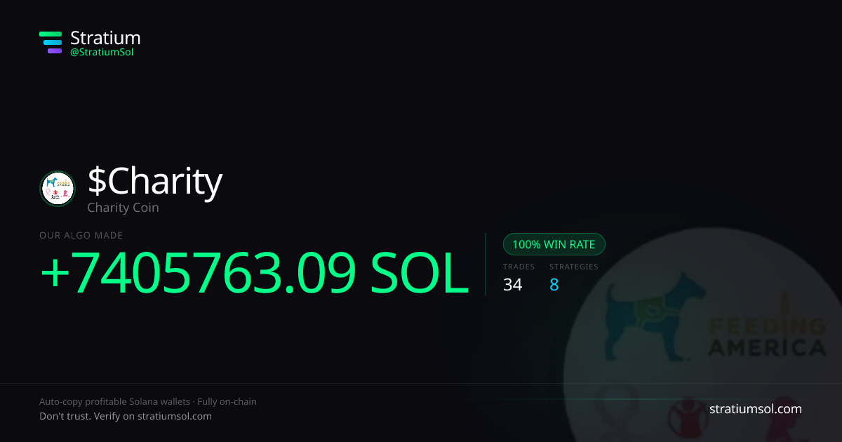 Charity copy trading performance on Stratium — 34 trades, 100% win rate, +7405763.09 SOL PnL
