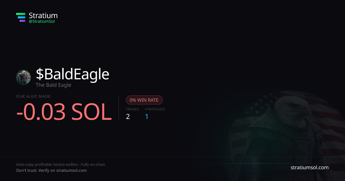 BaldEagle copy trading performance on Stratium — 2 trades, 0% win rate, -0.03 SOL PnL