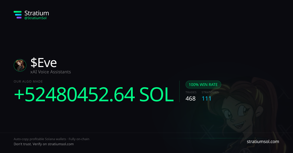 Eve copy trading performance on Stratium — 468 trades, 100% win rate, +52480452.64 SOL PnL