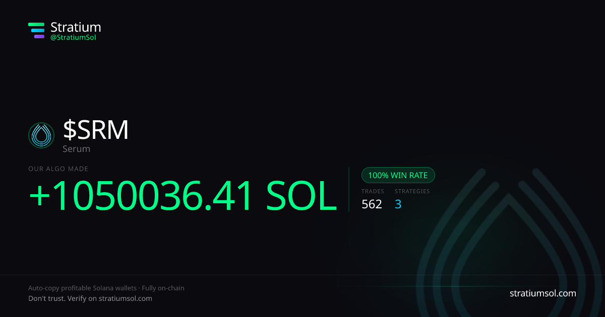 SRM copy trading performance on Stratium — 562 trades, 100% win rate, +1050036.41 SOL PnL