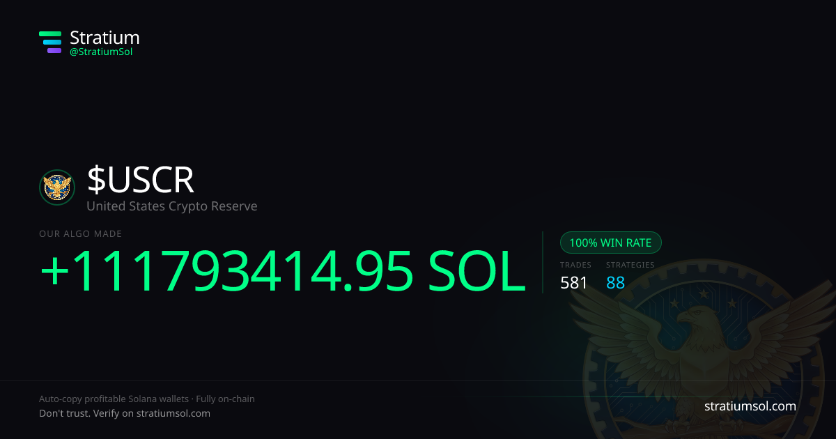 USCR copy trading performance on Stratium — 581 trades, 100% win rate, +111793414.95 SOL PnL