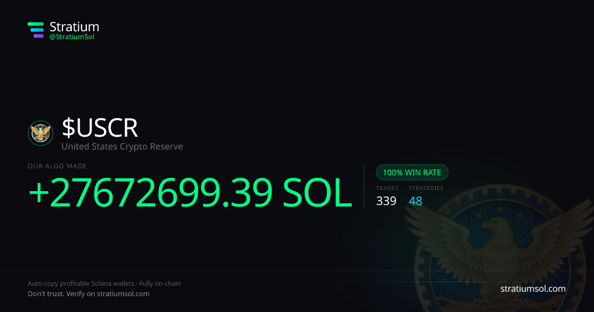 USCR copy trading performance on Stratium — 339 trades, 100% win rate, +27672699.39 SOL PnL