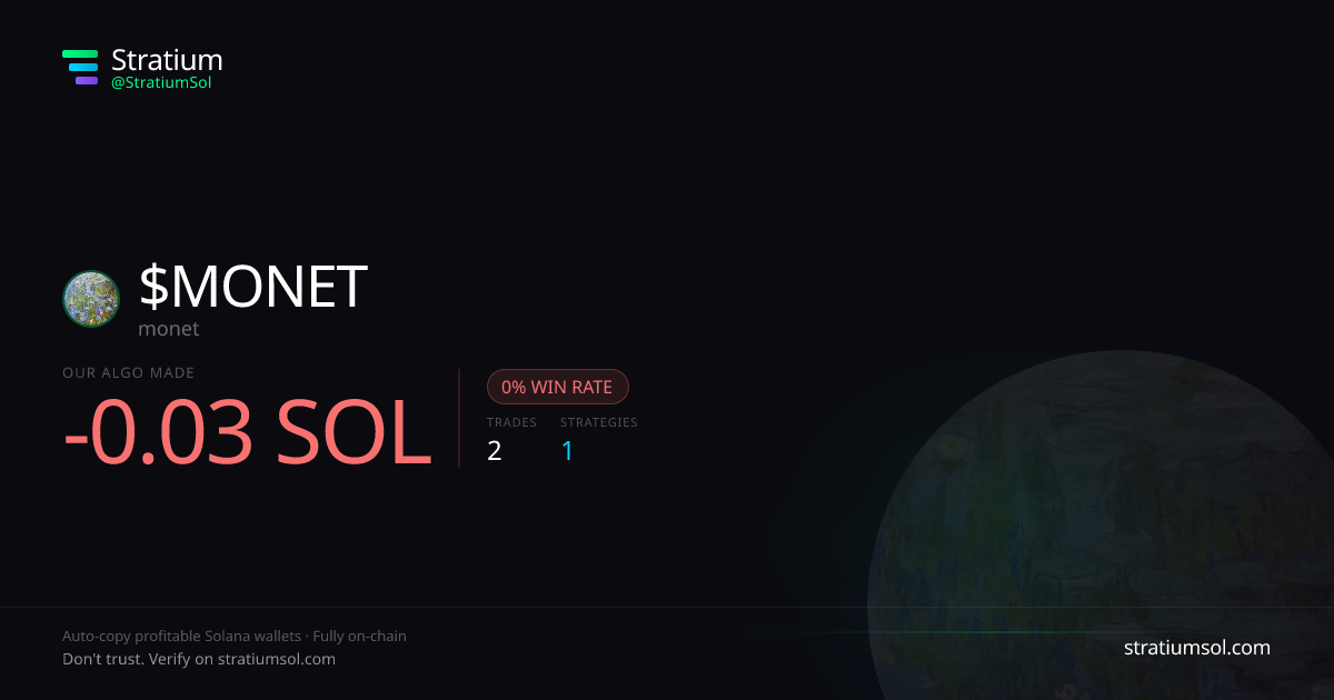 MONET copy trading performance on Stratium — 2 trades, 0% win rate, -0.03 SOL PnL