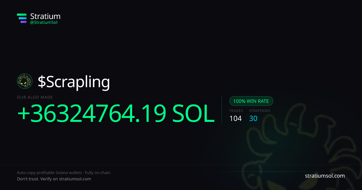 Scrapling copy trading performance on Stratium — 104 trades, 100% win rate, +36324764.19 SOL PnL