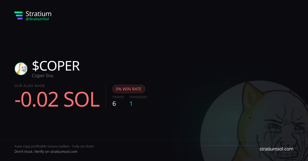 COPER copy trading performance on Stratium — 6 trades, 0% win rate, -0.02 SOL PnL
