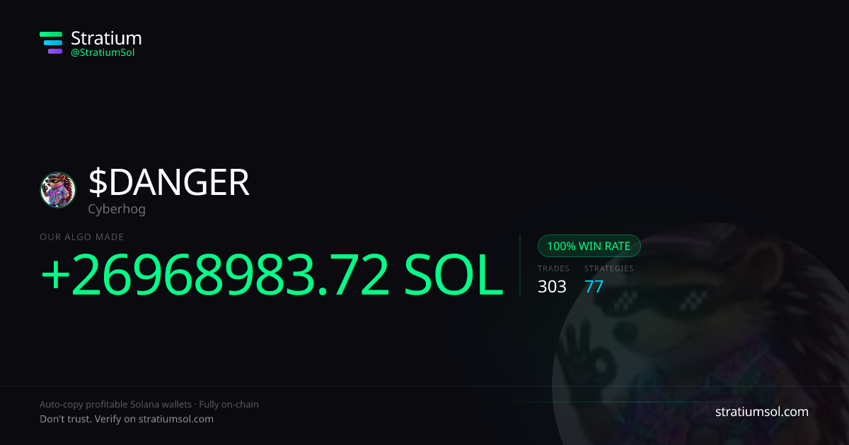 DANGER copy trading performance on Stratium — 303 trades, 100% win rate, +26968983.72 SOL PnL