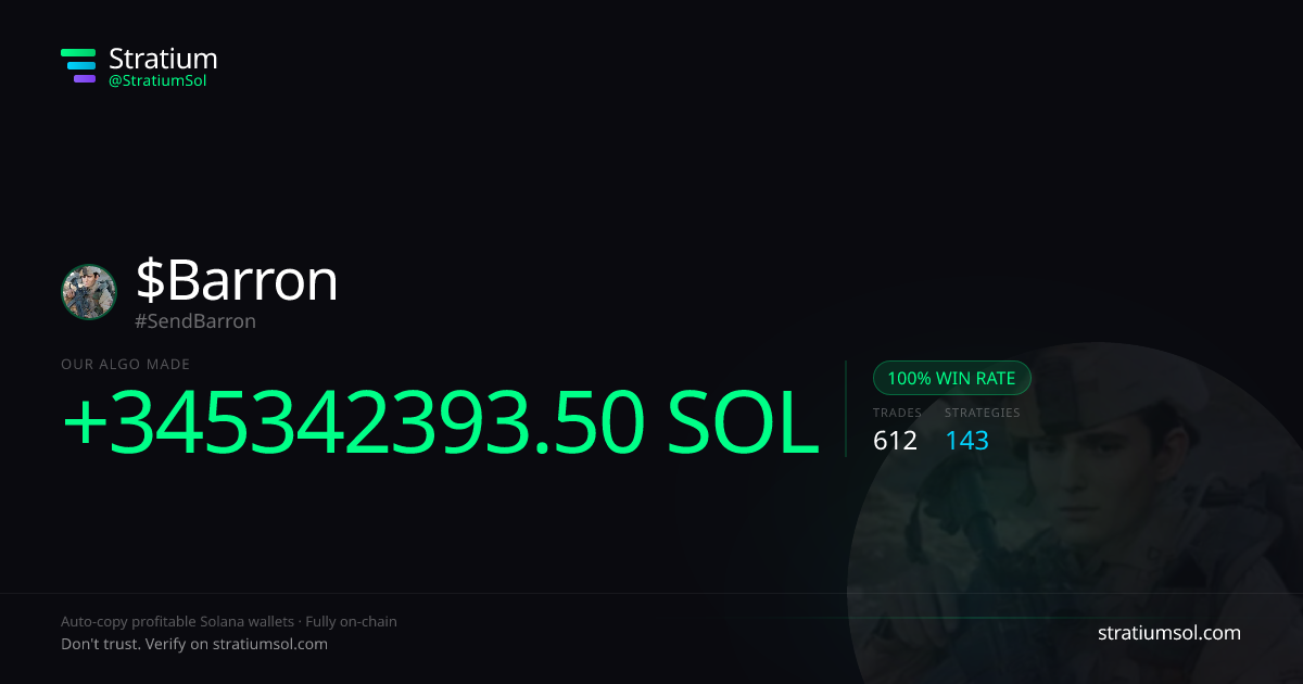 Barron copy trading performance on Stratium — 612 trades, 100% win rate, +345342393.50 SOL PnL