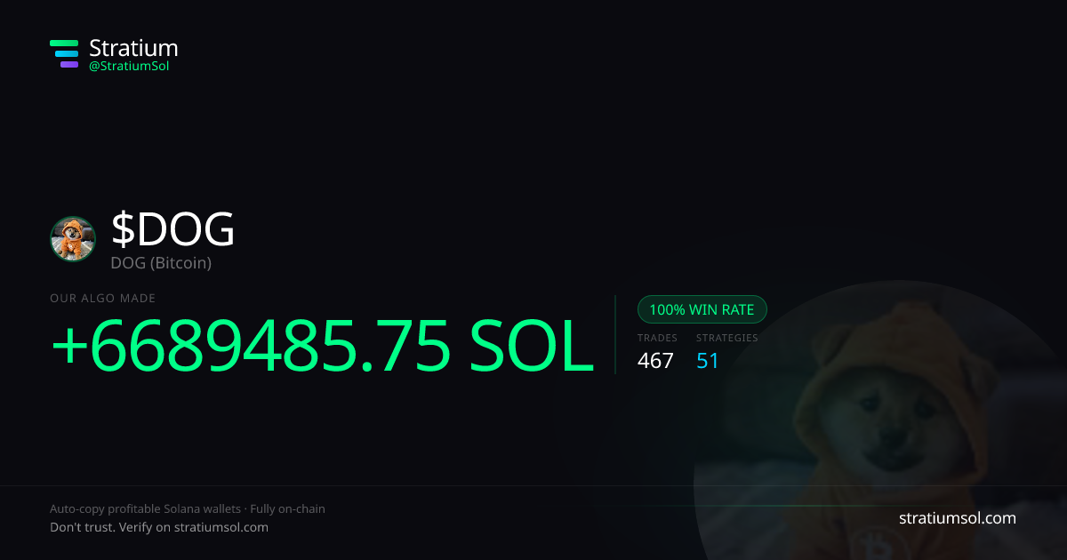 DOG copy trading performance on Stratium — 467 trades, 100% win rate, +6689485.75 SOL PnL