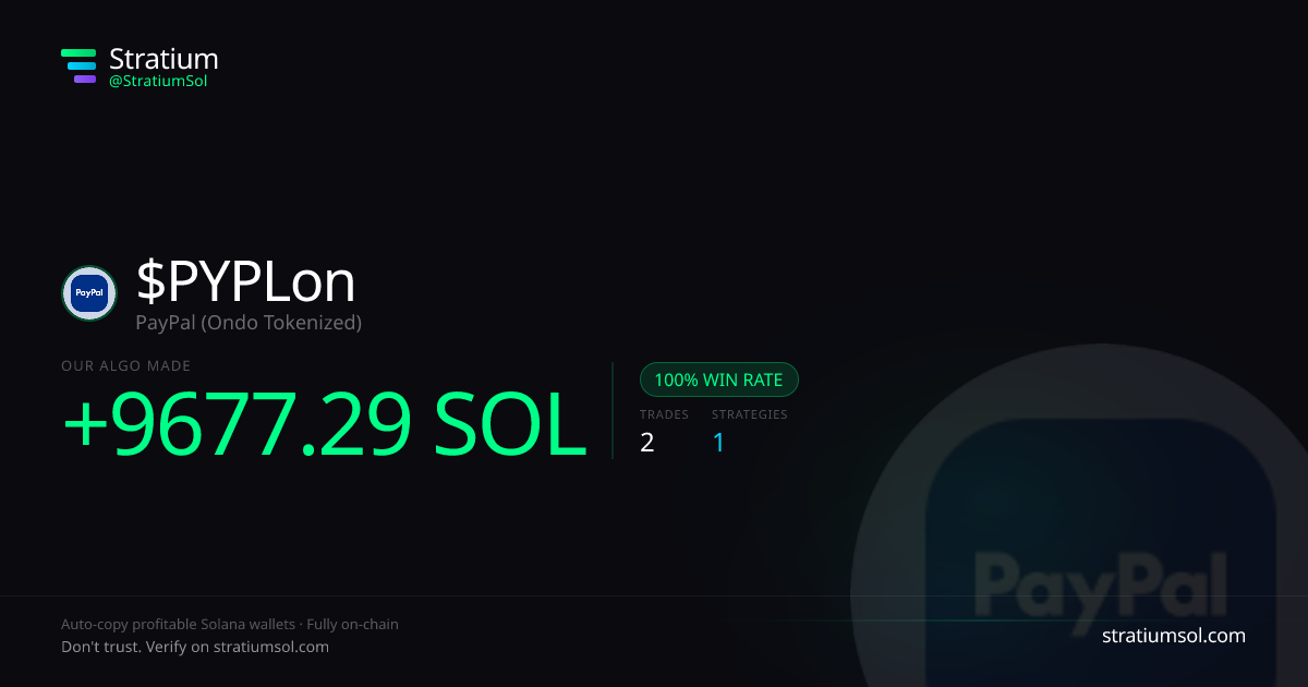 PYPLon copy trading performance on Stratium — 2 trades, 100% win rate, +9677.29 SOL PnL