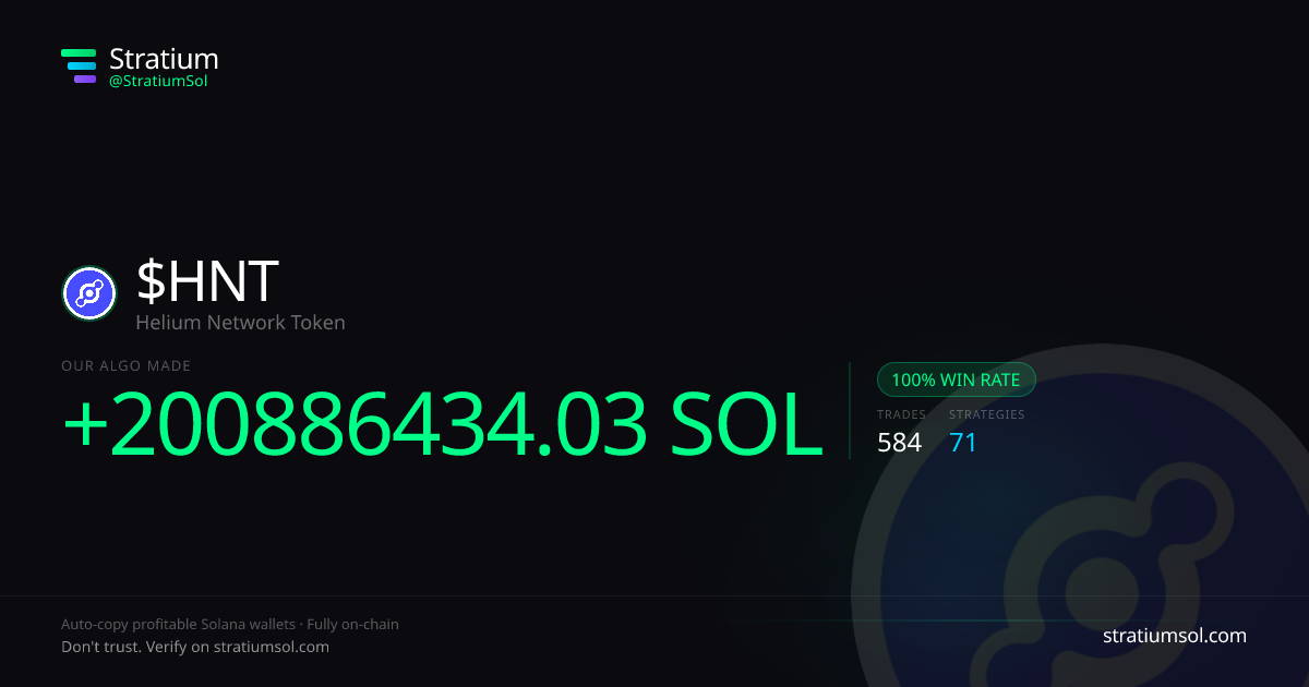 HNT copy trading performance on Stratium — 584 trades, 100% win rate, +200886434.03 SOL PnL