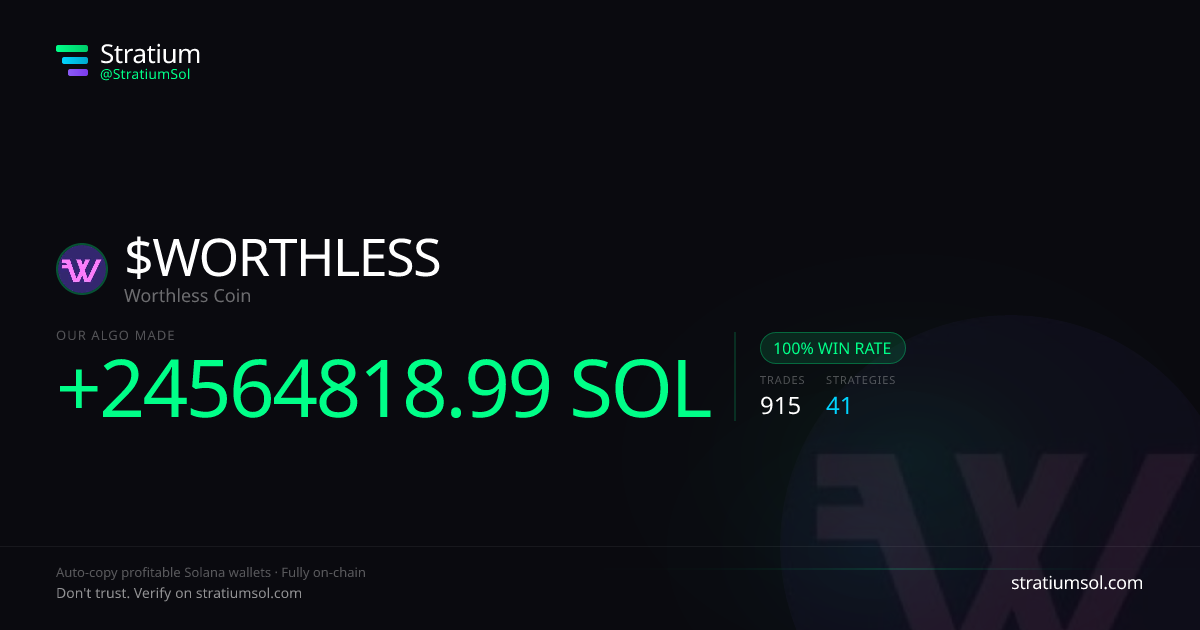 WORTHLESS copy trading performance on Stratium — 915 trades, 100% win rate, +24564818.99 SOL PnL