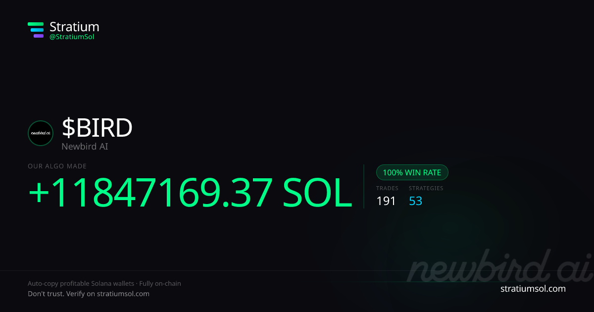 BIRD copy trading performance on Stratium — 191 trades, 100% win rate, +11847169.37 SOL PnL