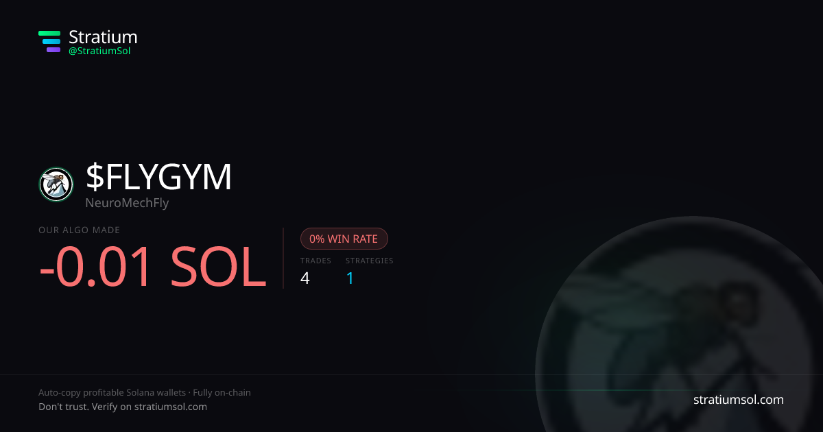 FLYGYM copy trading performance on Stratium — 4 trades, 0% win rate, -0.01 SOL PnL