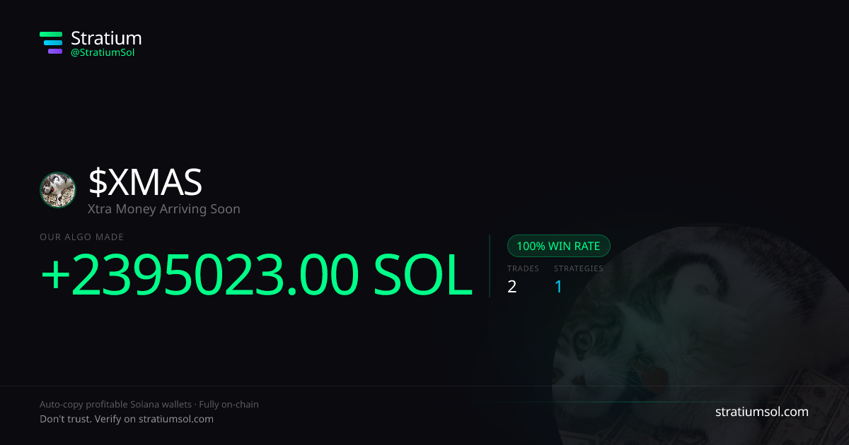 XMAS copy trading performance on Stratium — 2 trades, 100% win rate, +2395023.00 SOL PnL
