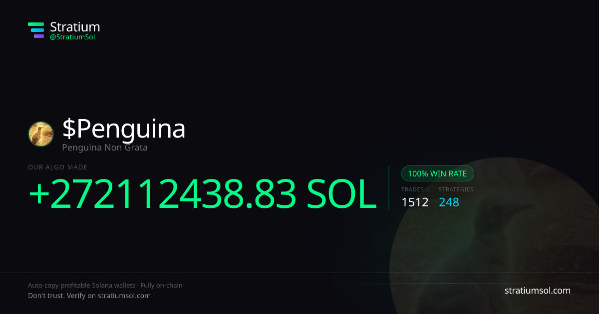 Penguina copy trading performance on Stratium — 1512 trades, 100% win rate, +272112438.83 SOL PnL