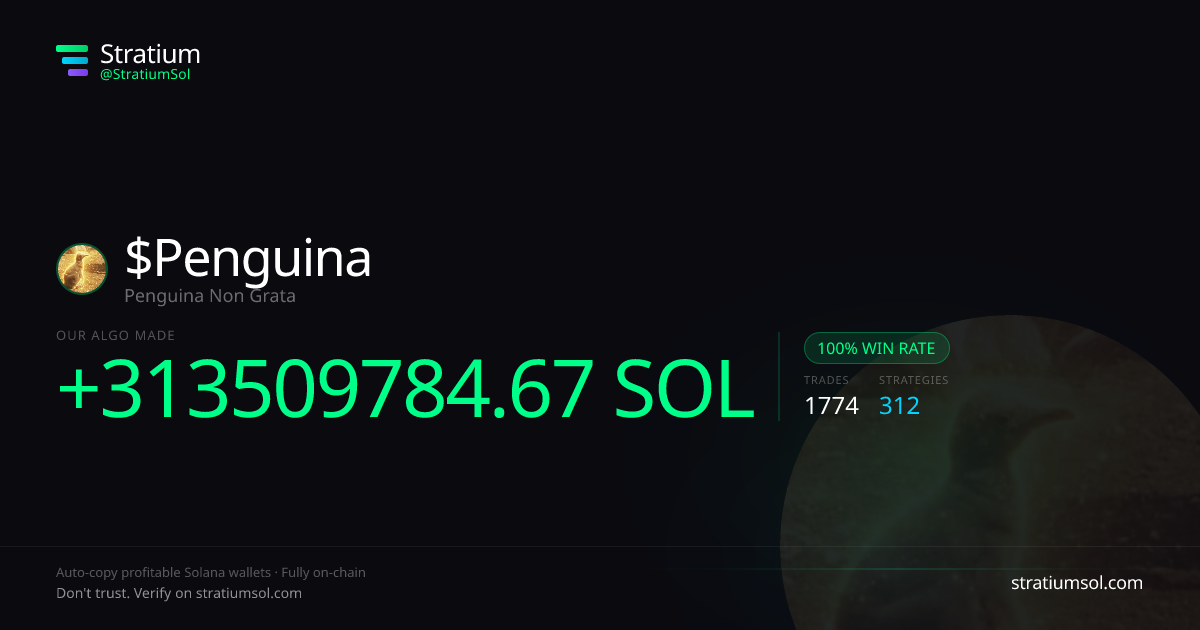 Penguina copy trading performance on Stratium — 1774 trades, 100% win rate, +313509784.67 SOL PnL