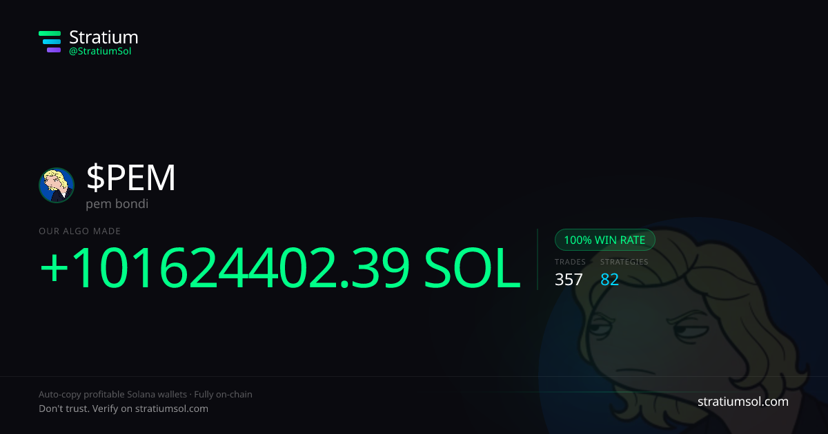 PEM copy trading performance on Stratium — 357 trades, 100% win rate, +101624402.39 SOL PnL